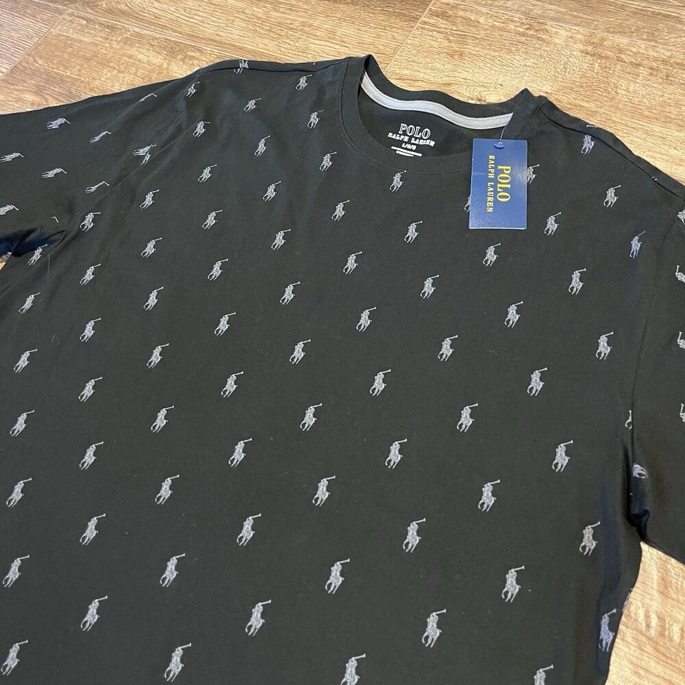 Polo Ralph Lauren Men's Large Black All Over Pony Logo Graphic Crew Neck T Shirt